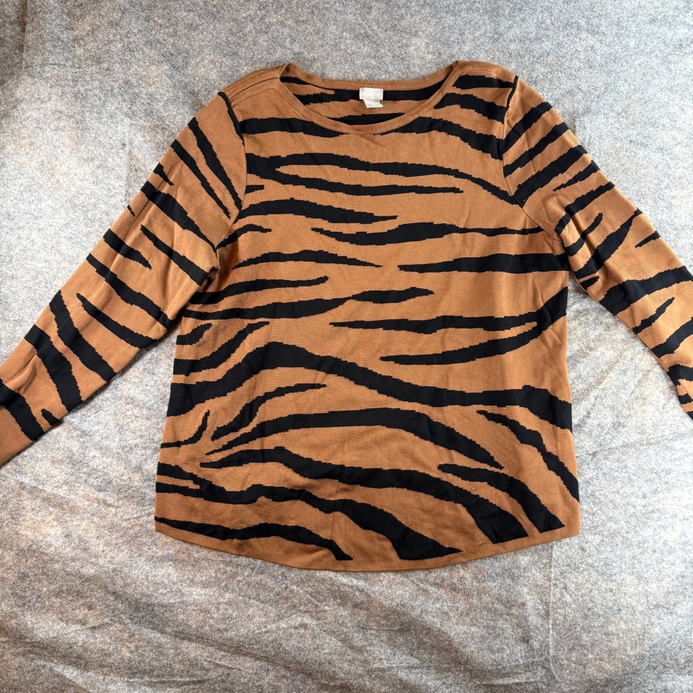 Chico's Knit Top Women Size 2 Brown Black Tiger Stripe Long Sleeve Pullover